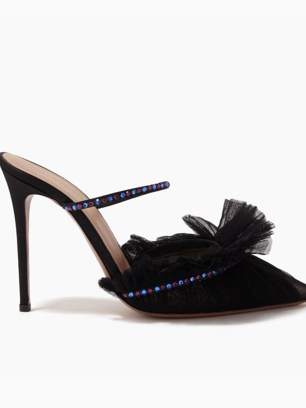 Black Tulle Mule Heels with Iridescent Rhinestone Straps